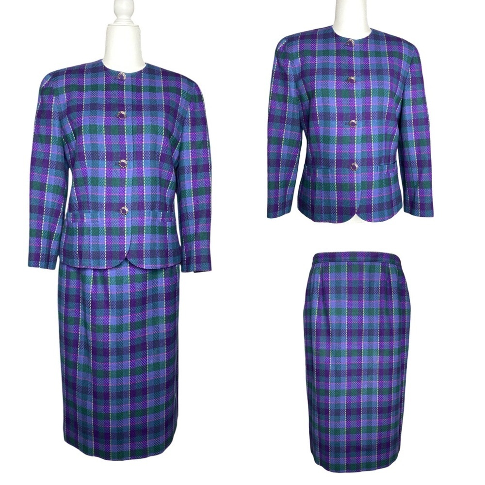 Pendleton Wool Plaid Blazer Skirt Suit Set Women's Purple Green Vintage Size M